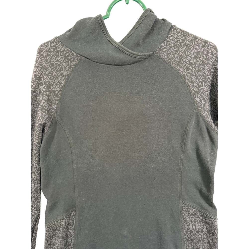 Eddie Bauer Womens Hooded Thumbhole Top L Black Gray Fair Isle Raglan Pullover